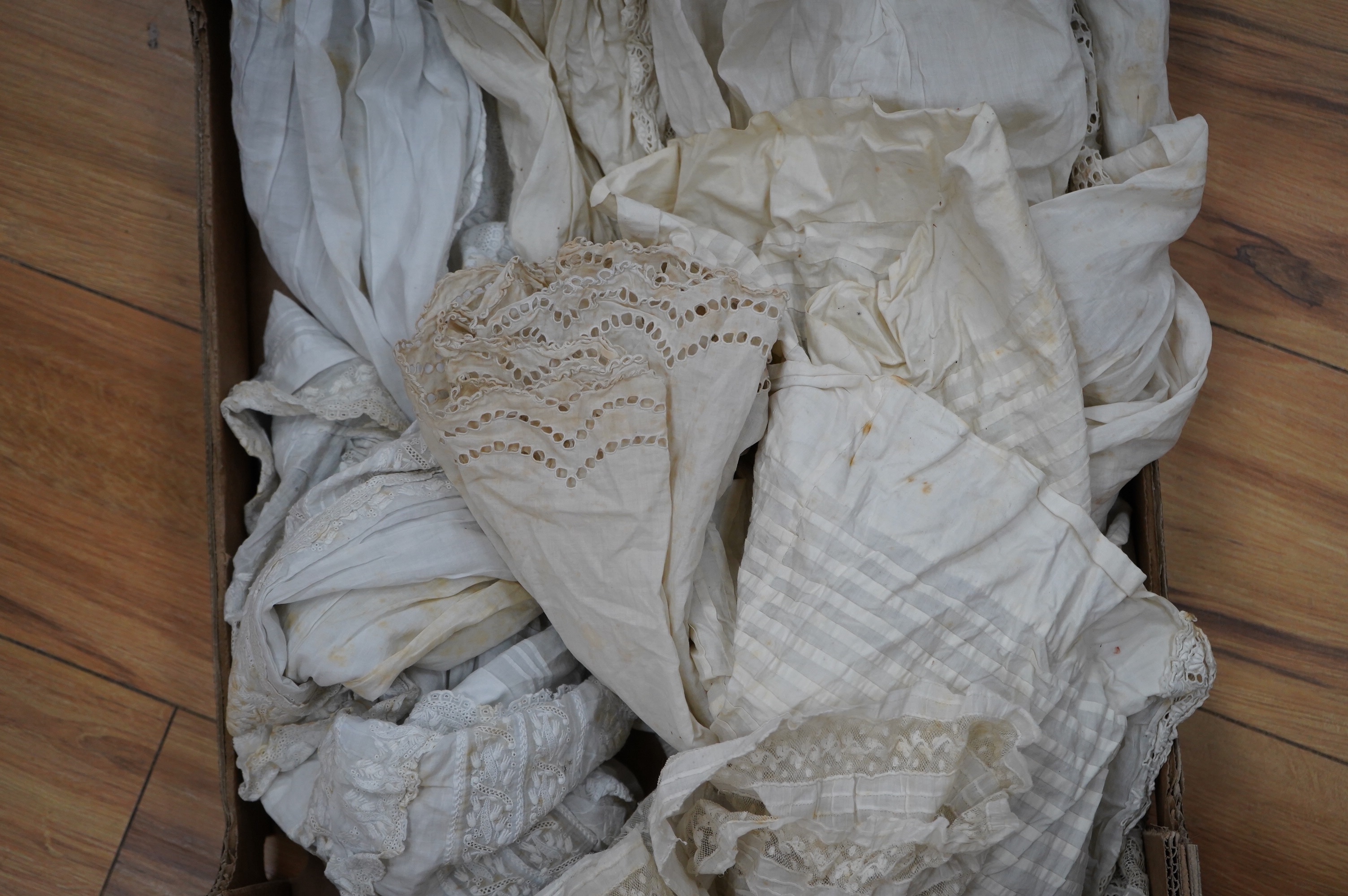 Four 19th century ornately hand made, lace inserted and anglaise worked Christening gowns. Condition - all need heavily laundering